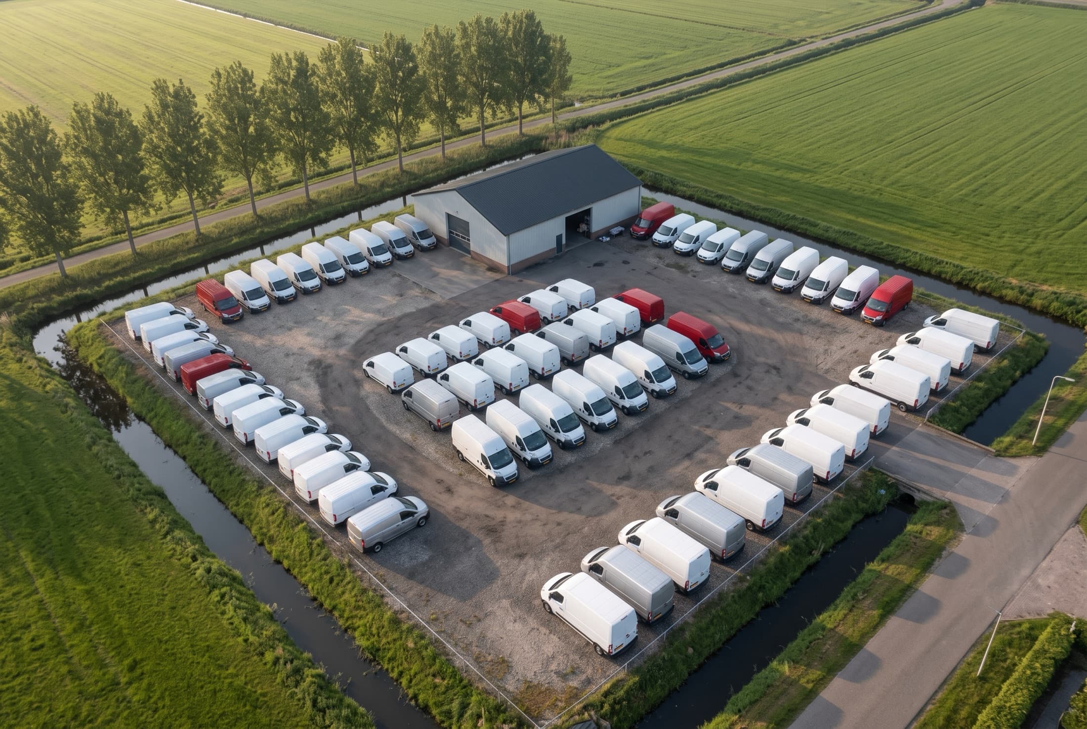 Een terrein met rijen bestelbussen